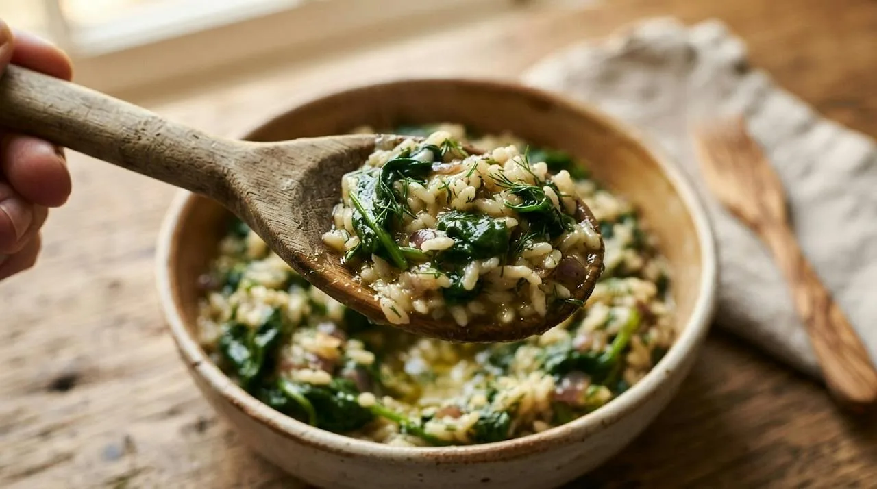 A spoonful of finished spanakorizo showing tender rice grains, deep green spinach and dill, glossy with olive oil