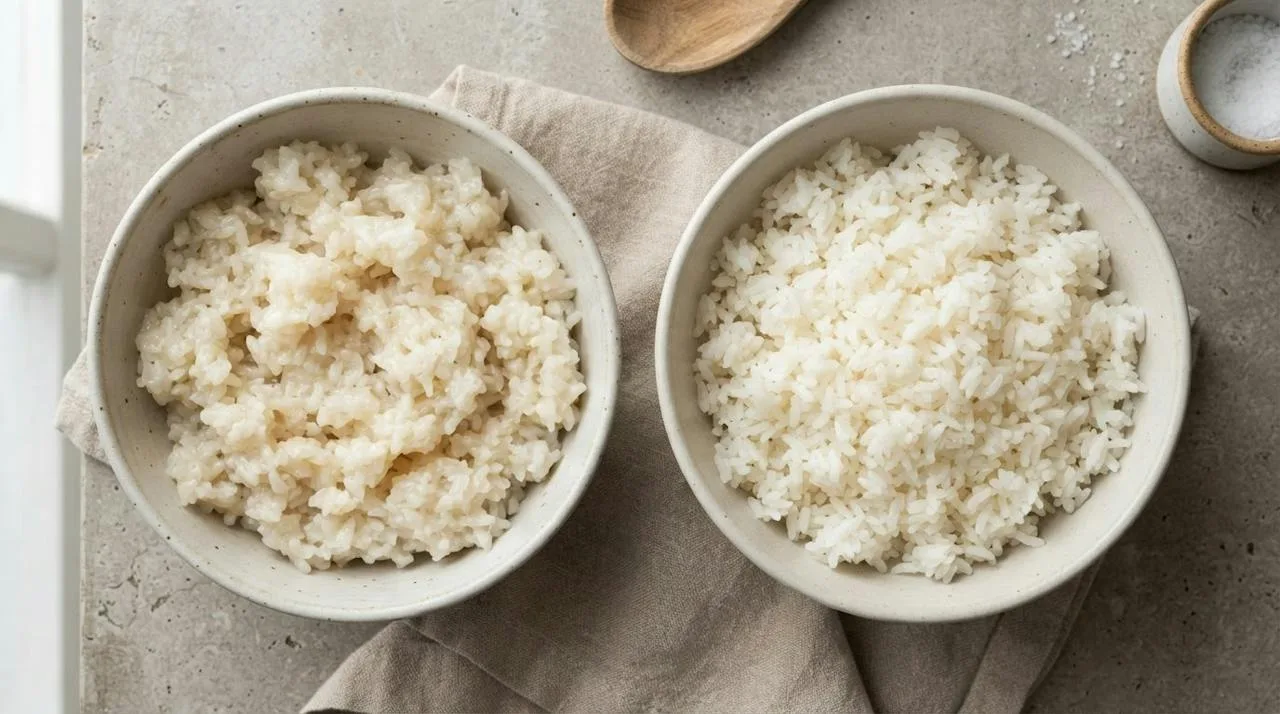 Comparison of mushy overcooked gluey grains next to separate, fluffy, chewy grains