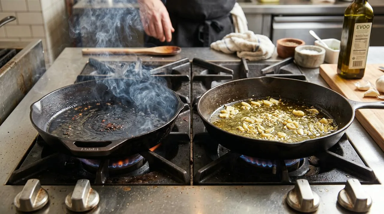 A skillet with olive oil starting to smoke next to a correctly heated pan where oil shimmers and garlic gently sizzles