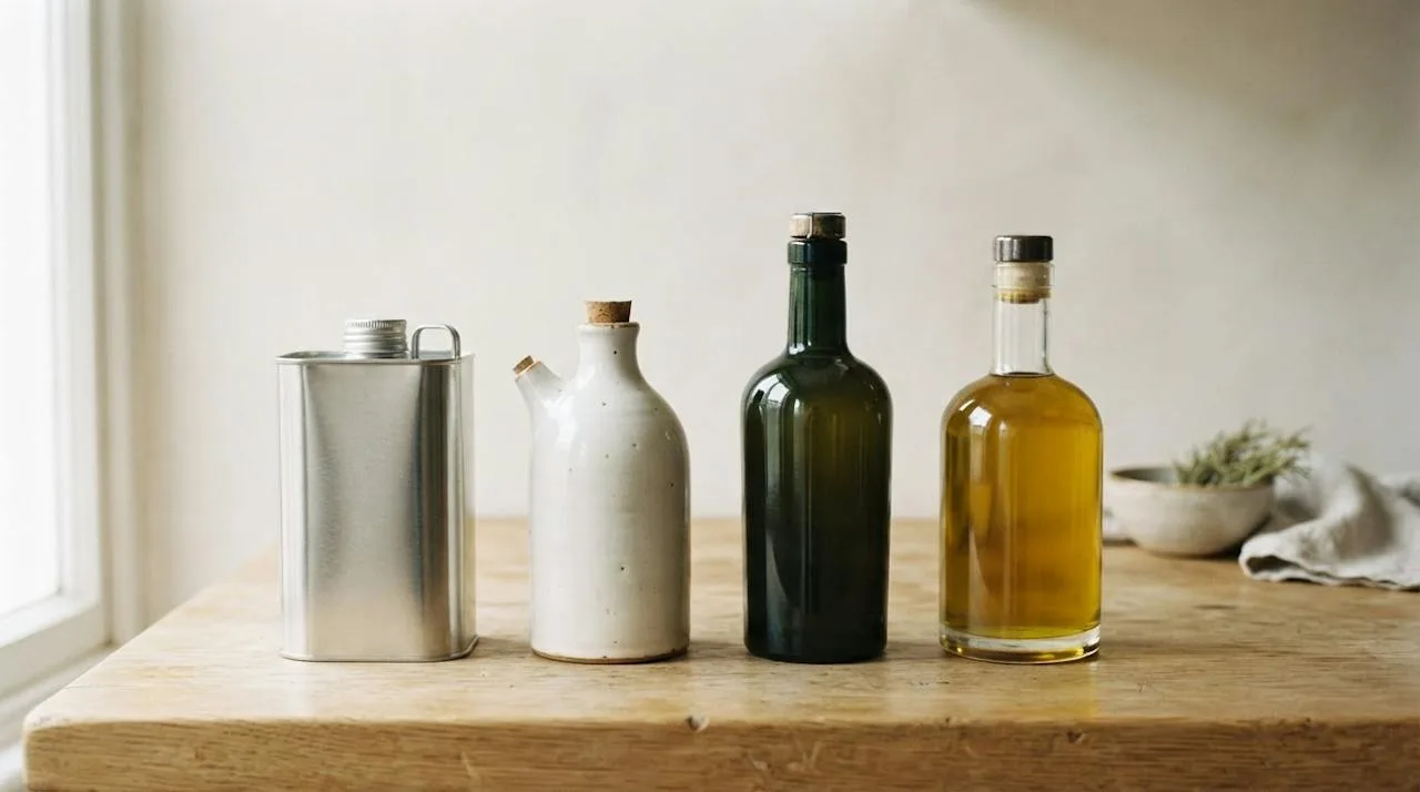 A row of olive oil containers from best to worst: a metal tin, a ceramic cruet, a dark green glass bottle and a clear glass bottle