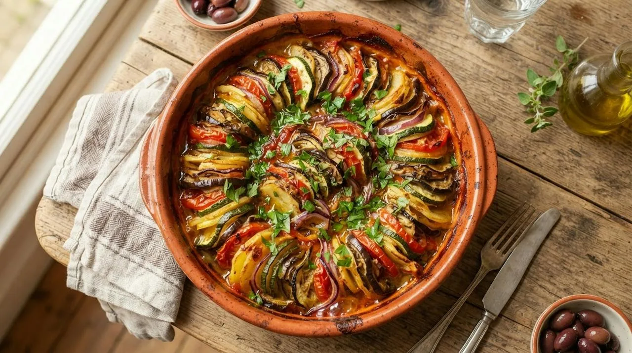Greek briam with layered sliced potatoes, zucchini, eggplant, tomatoes and red onion baked in olive oil in a terracotta dish