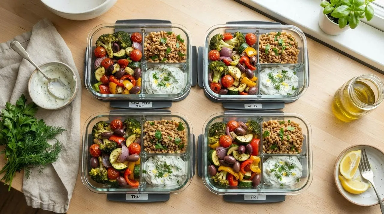 Glass meal prep containers filled with roasted Mediterranean vegetables, cooked farro and lemon-herb yogurt sauce
