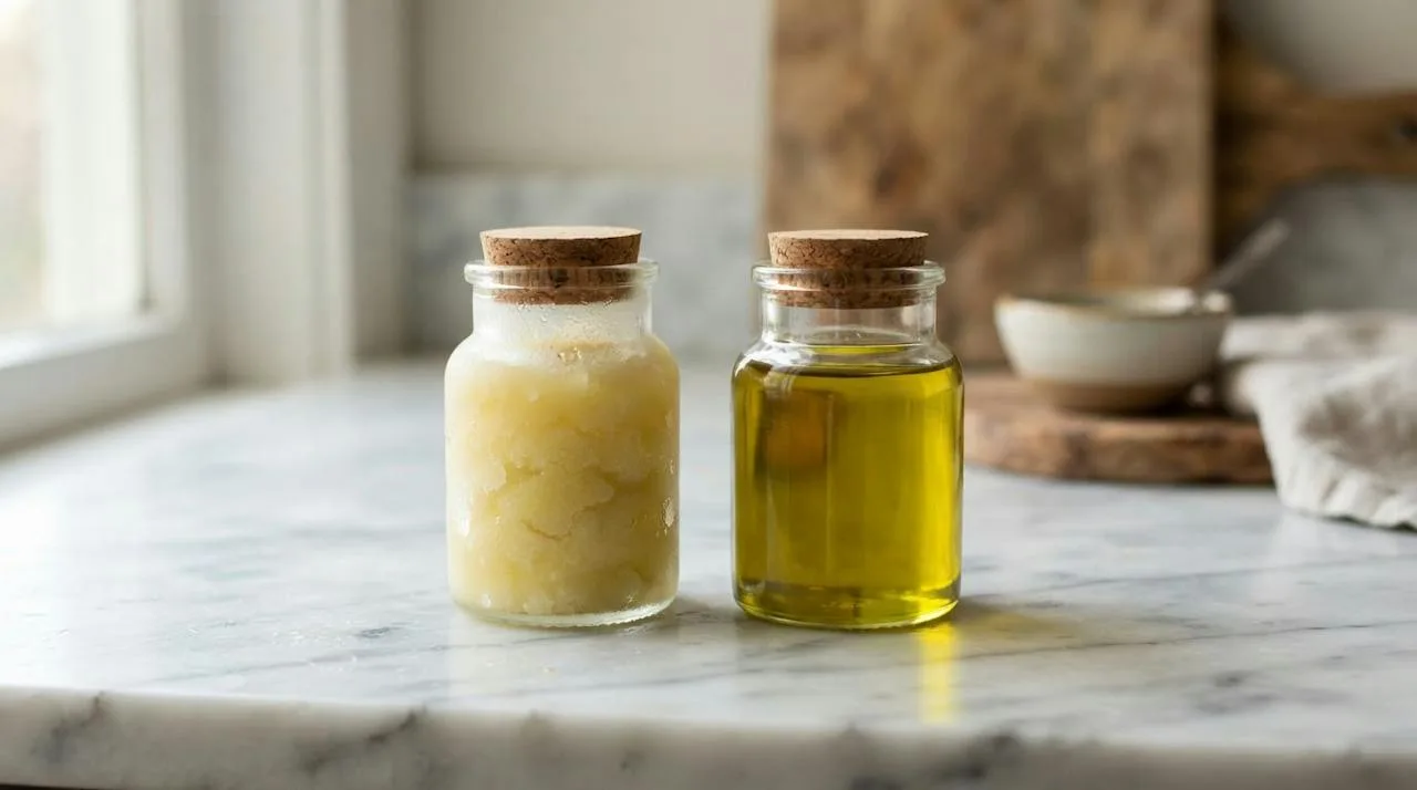 A small glass jar of olive oil from the refrigerator, cloudy and partly solid, beside a clear bottle at room temperature