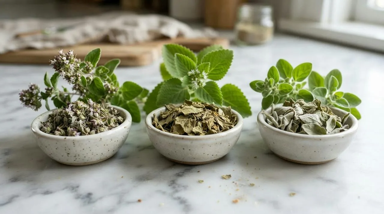 Three bowls of dried herbs compared: Greek oregano, Mexican oregano and marjoram, with a fresh sprig of each behind