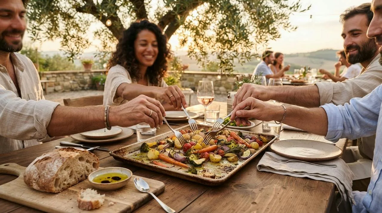 A sheet pan of golden roasted vegetables in the middle of a long outdoor table under an olive tree, friends reaching in with forks