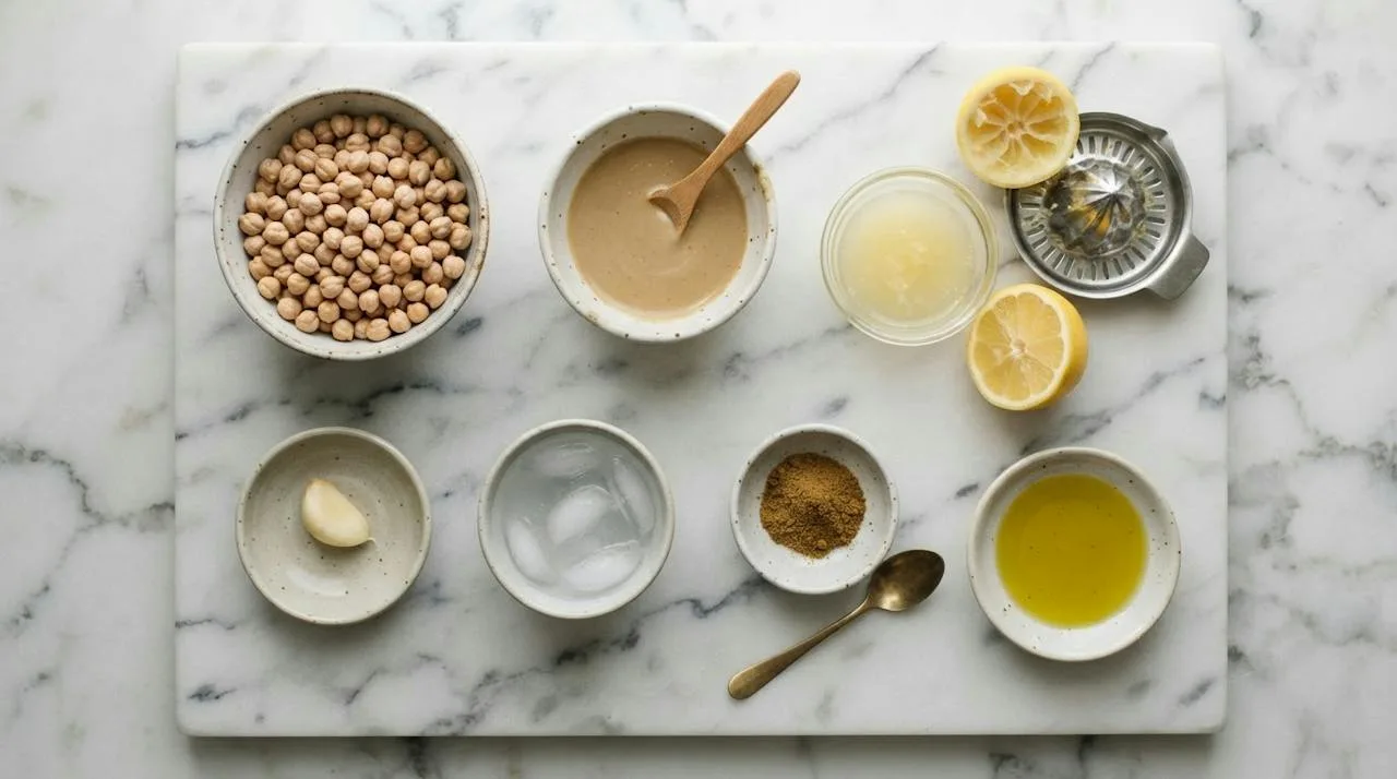 Hummus ingredients in small bowls: dried chickpeas, tahini, lemons and lemon juice, garlic, ice water, salt, cumin and olive oil