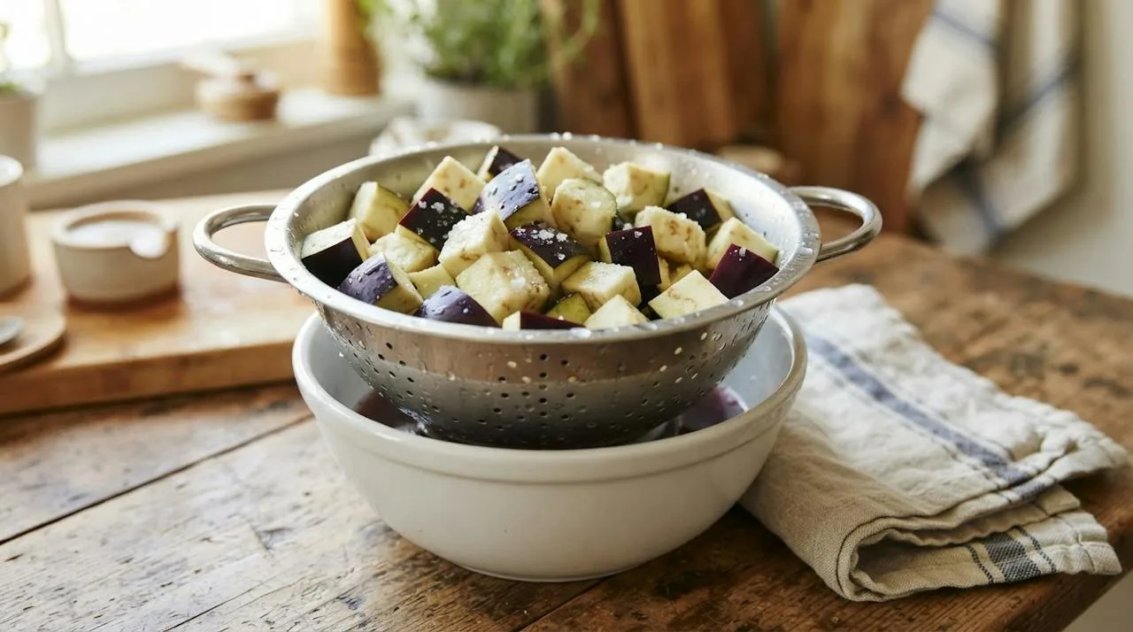 Salted eggplant cubes beaded with moisture in a colander over a bowl, with a kitchen towel beside it