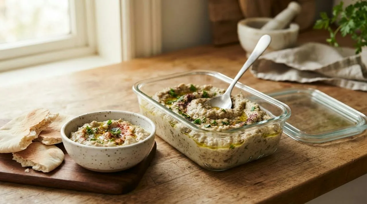 Leftover baba ganoush in a covered glass container with a spoon, beside a small serving bowl and pita