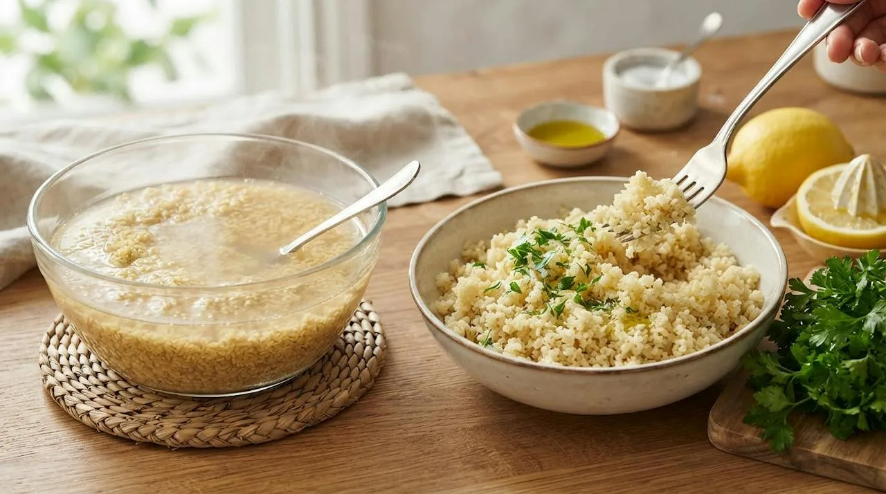 Fine bulgur soaking in hot water next to a bowl of fluffy bulgur being fluffed with a fork, with parsley and lemon