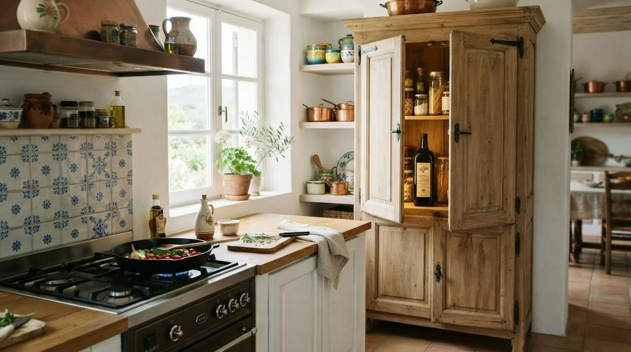 A kitchen showing a bottle of olive oil beside a hot stove marked as the wrong spot and a closed pantry cupboard as the right spot