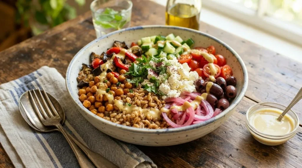 A Mediterranean grain bowl with farro, roasted chickpeas, roasted eggplant and peppers, cucumber, tomatoes, olives, pickled onion, feta and lemon tahini dressing