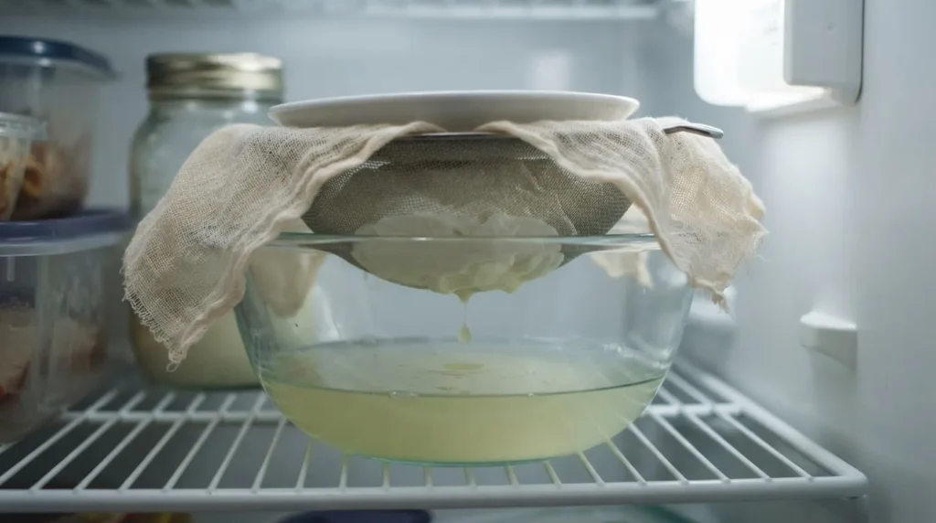 A cheesecloth-lined sieve of thickening yogurt over a bowl of pale whey in the refrigerator