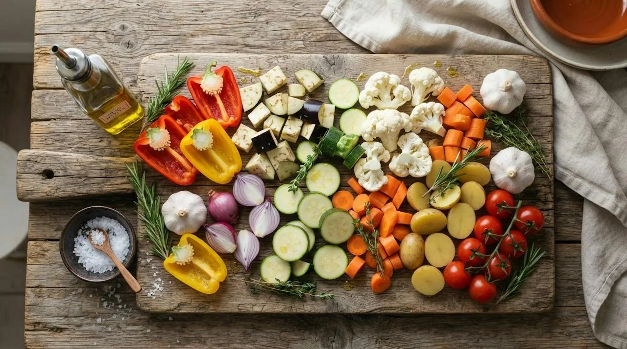 Flat-lay of raw Mediterranean vegetables ready for roasting with olive oil, rosemary, thyme and flaky salt on a wooden board