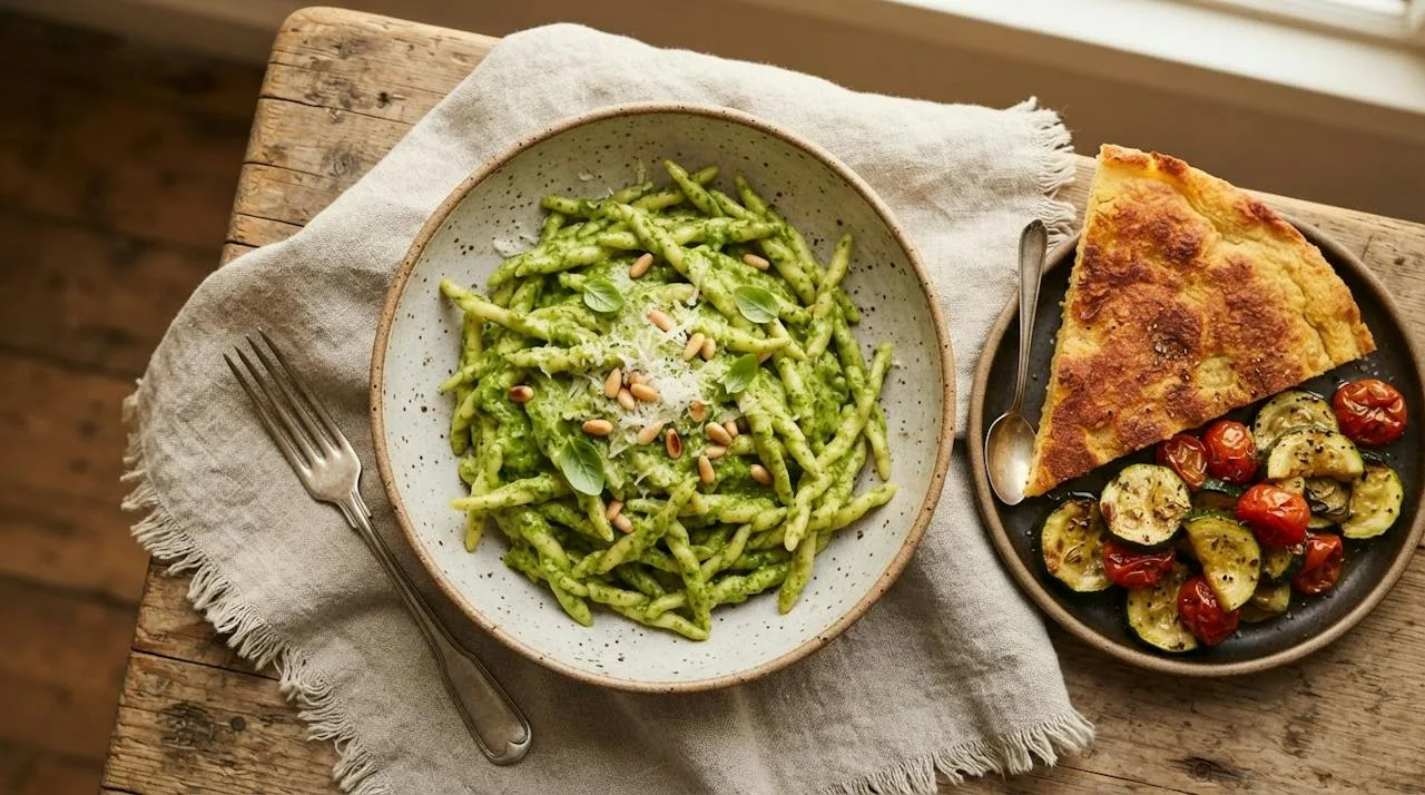 Trofie pasta tossed with glossy basil pesto, Parmigiano and basil, with farinata and roasted zucchini on the side