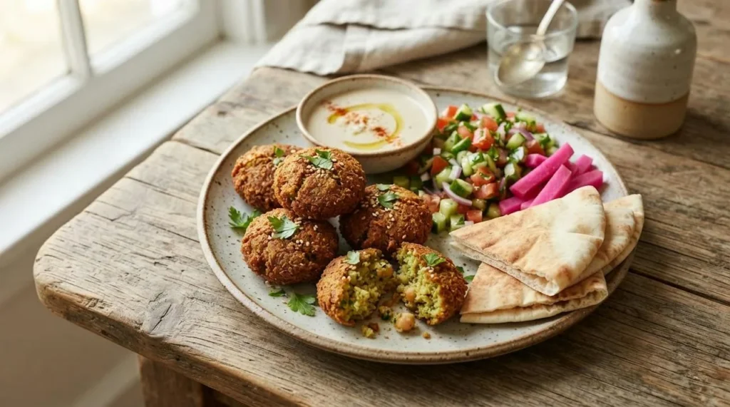 A plate of crispy falafel, one broken open to show a green herby interior, with tahini sauce, salad, pickled turnips and pita