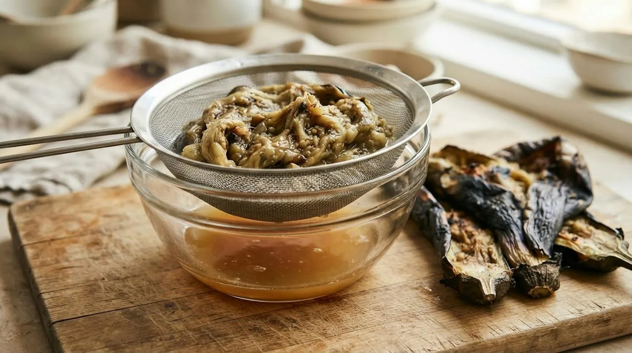 Roasted eggplant flesh draining in a fine-mesh sieve over a glass bowl, with charred skins on a board