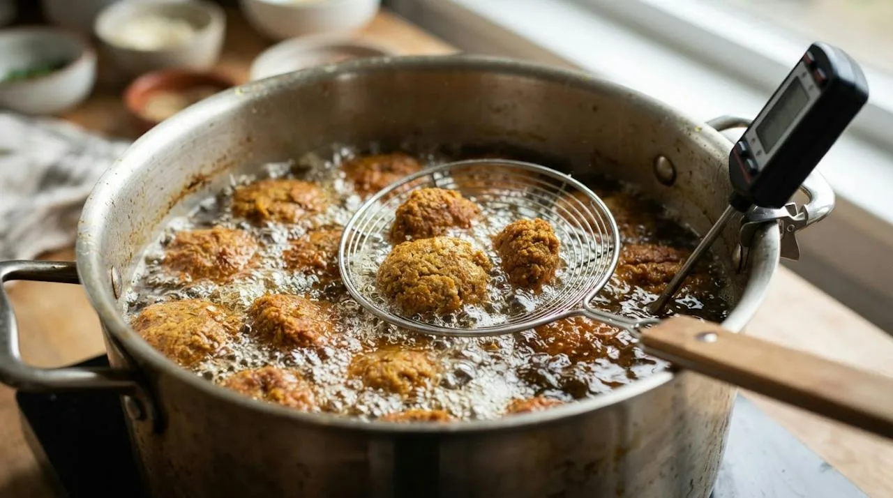 Slightly flattened falafel frying in deep oil in a stainless-steel pot with a probe thermometer
