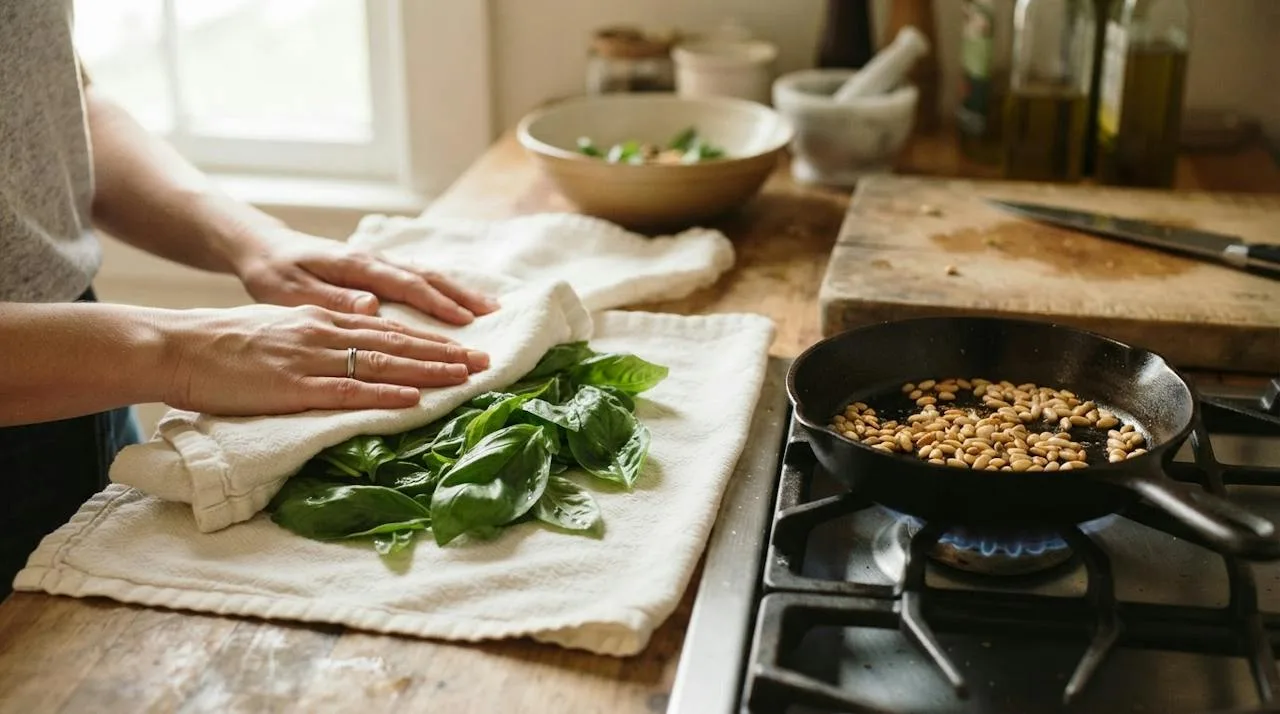 Basil leaves being patted dry with kitchen towels next to pine nuts lightly toasting in a skillet