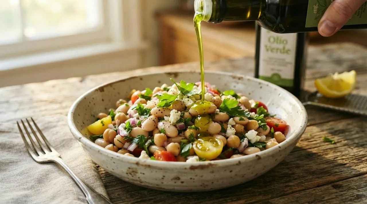 Peppery green extra virgin olive oil drizzled over a white bean and chickpea salad with parsley and lemon
