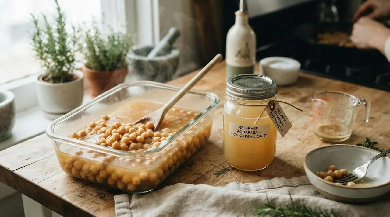Cooked chickpeas cooling in their cooking liquid in a glass container next to a jar of reserved cooking liquid