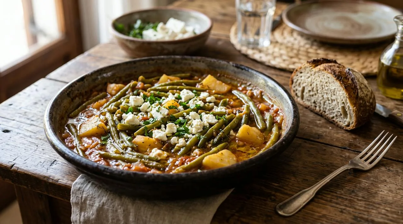Greek ladera green beans and potatoes stewed in tomato and olive oil with crumbled feta and crusty bread