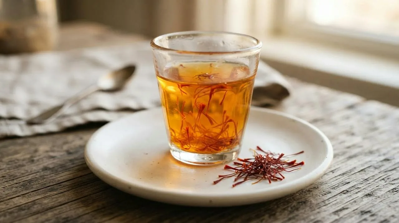 Saffron threads steeping in a small glass of warm water releasing deep golden-orange color