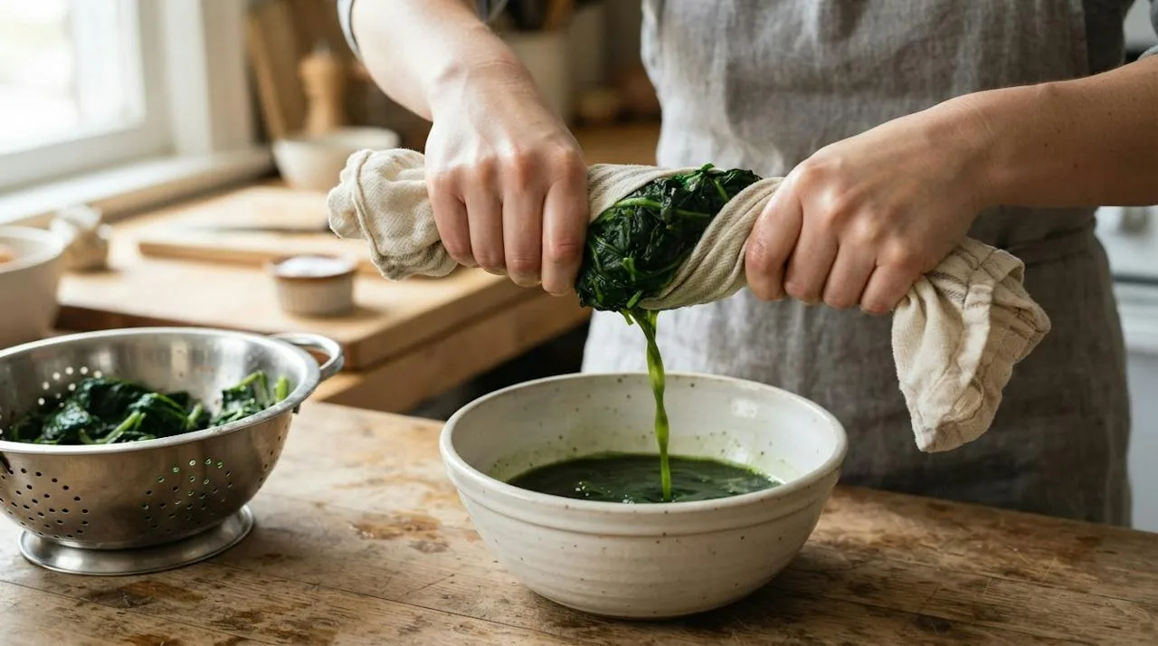 Hands squeezing cooked spinach in a cotton towel over a bowl, green liquid collecting below