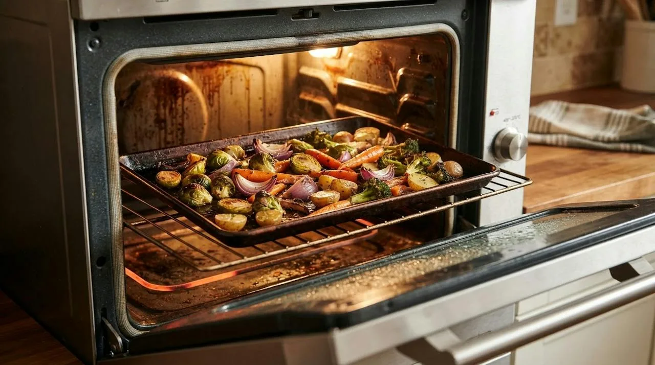 Dark metal sheet pan of vegetables roasting on the middle rack of an oven with edges browning in the warm glow