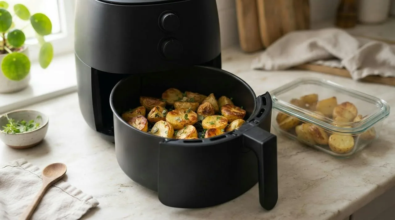 Leftover lemon potatoes re-crisped in an air fryer basket next to a covered container of leftovers