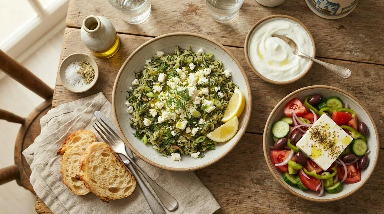 A Greek meal with spinach rice topped with feta and olive oil, yogurt, lemon wedges, cucumber and tomato salad and bread