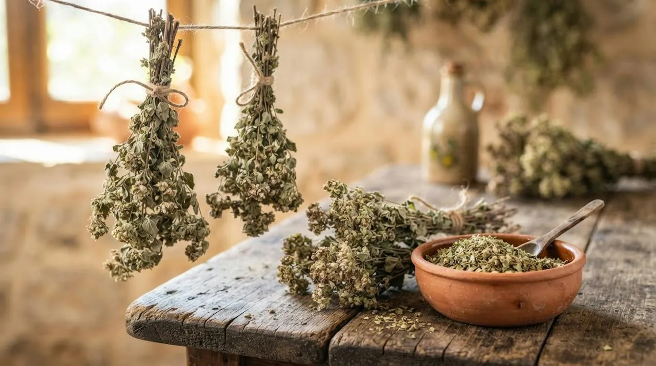Bunches of dried Greek oregano on the stem tied with string, with crumbled oregano in a small clay bowl