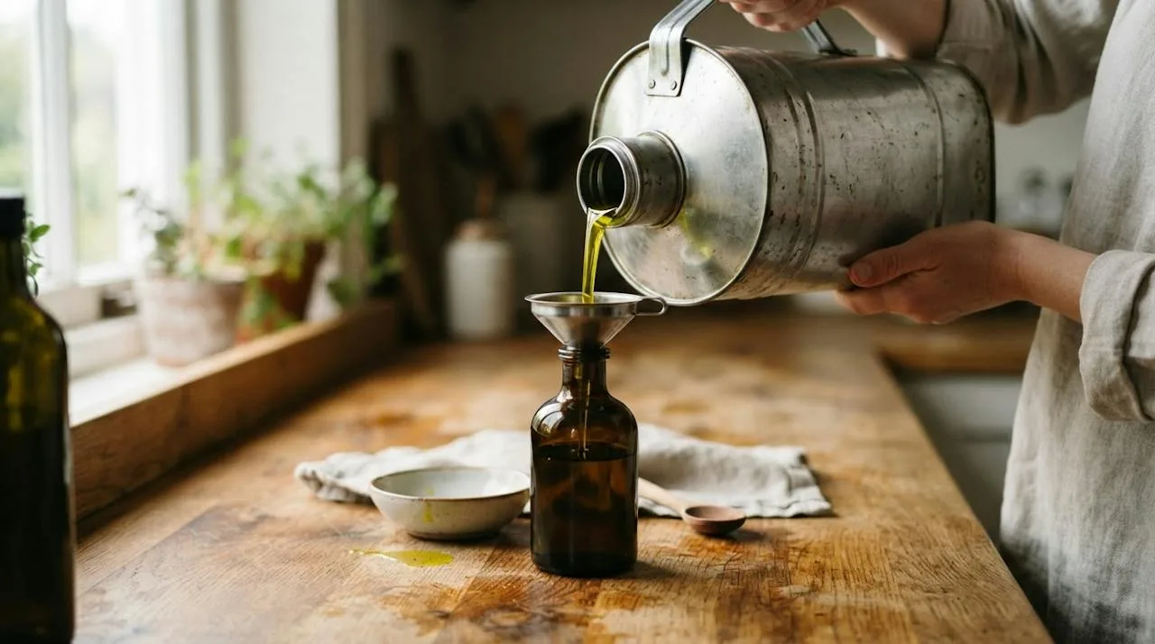 Olive oil being poured from a large metal tin into a small dark glass cruet on a kitchen counter