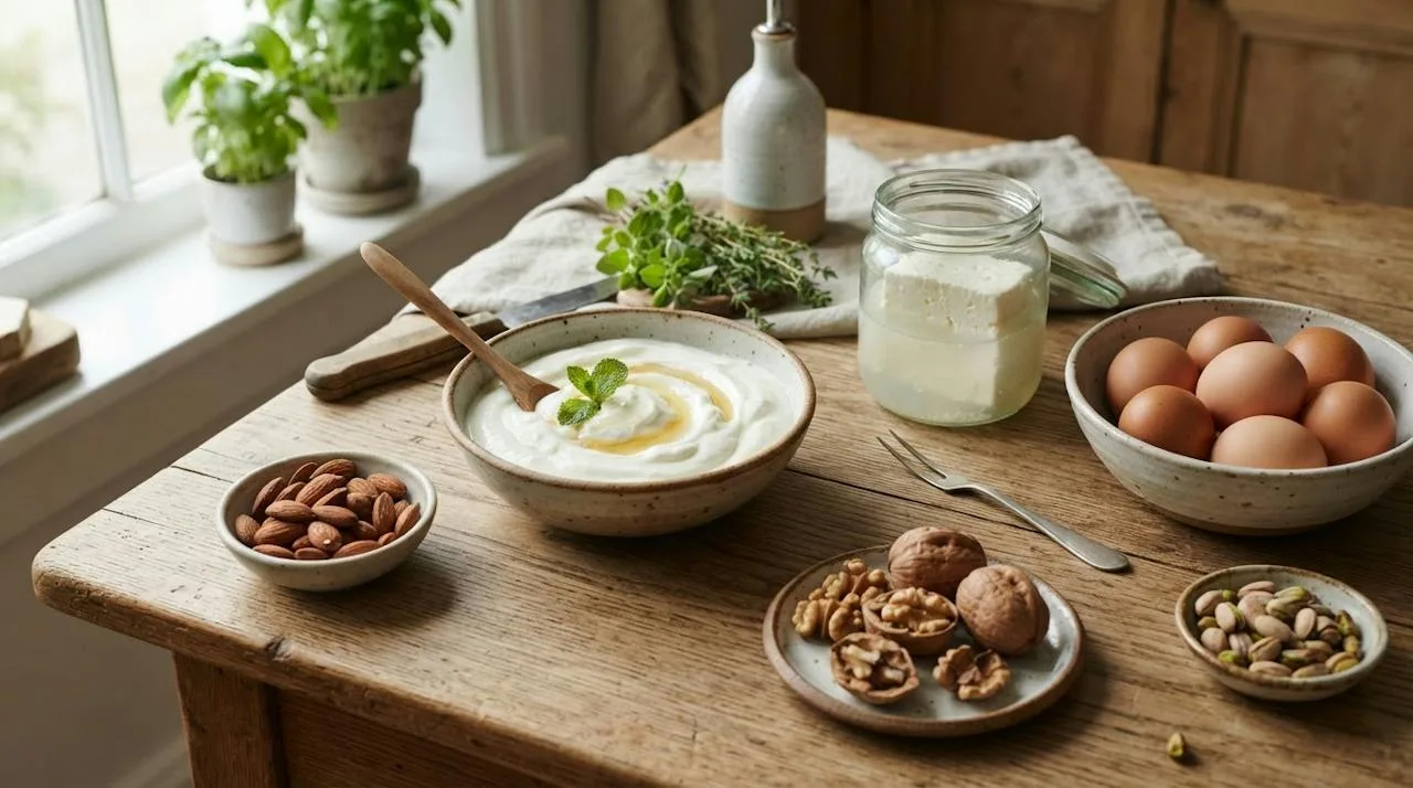 A bowl of plain Greek yogurt, a block of feta in brine, a bowl of eggs, and small dishes of almonds, walnuts and pistachios