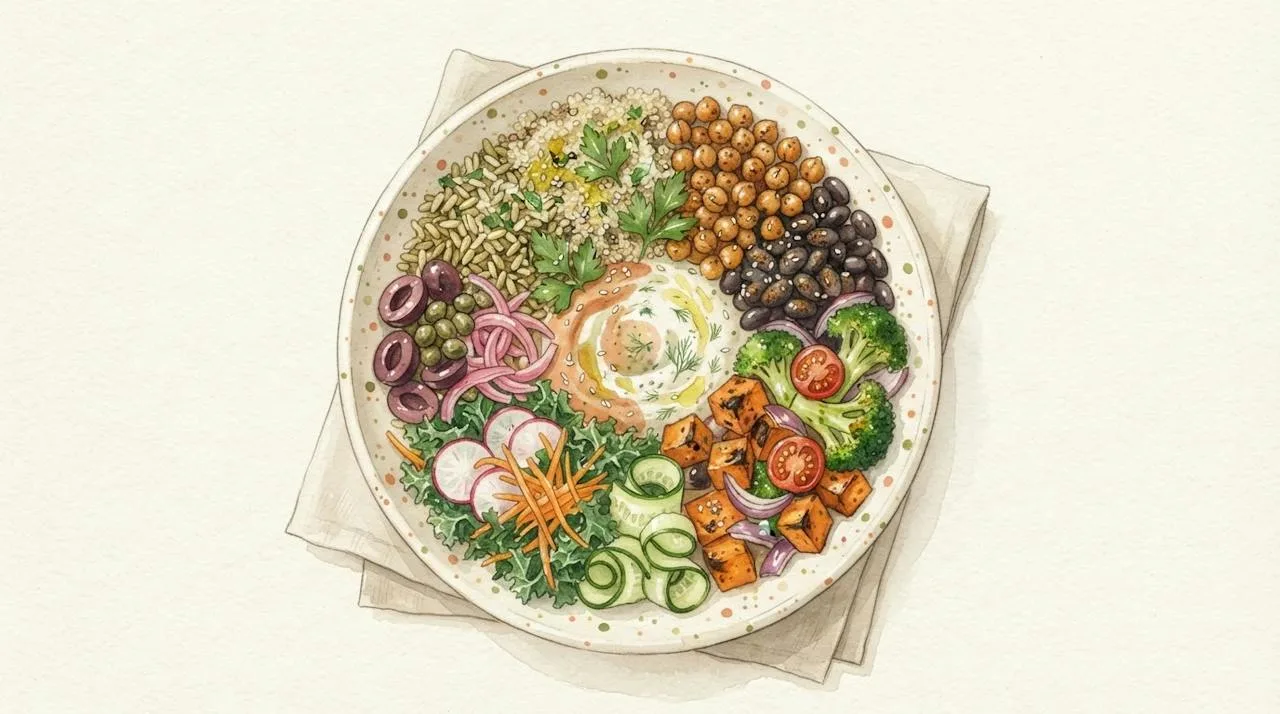 Watercolor illustration of a grain bowl divided into sections for grains, legumes, roasted vegetables, fresh vegetables, briny toppings and sauce