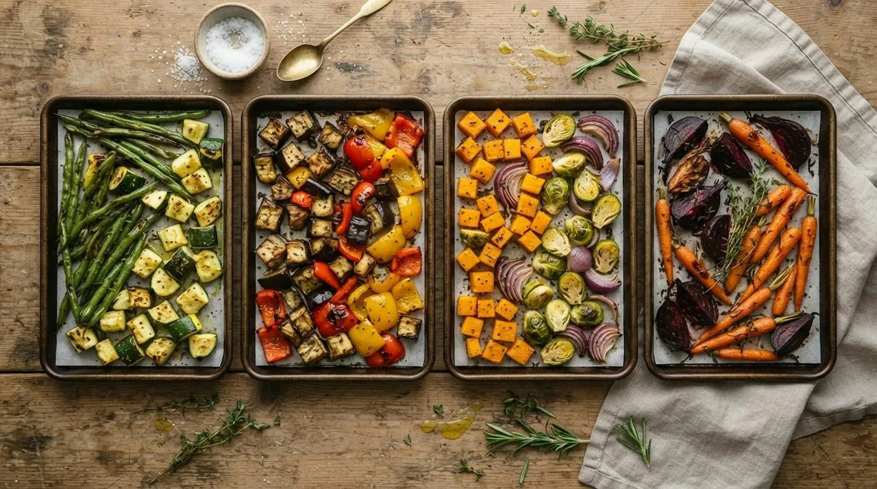 Several sheet pans of roasted vegetables in different seasonal colors, from green beans and zucchini to squash and beets