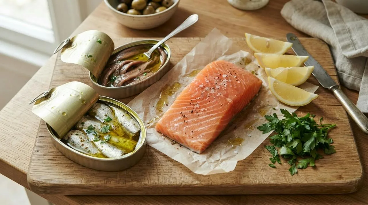 Opened tins of sardines and anchovies in olive oil next to a fresh salmon fillet, lemon wedges and parsley
