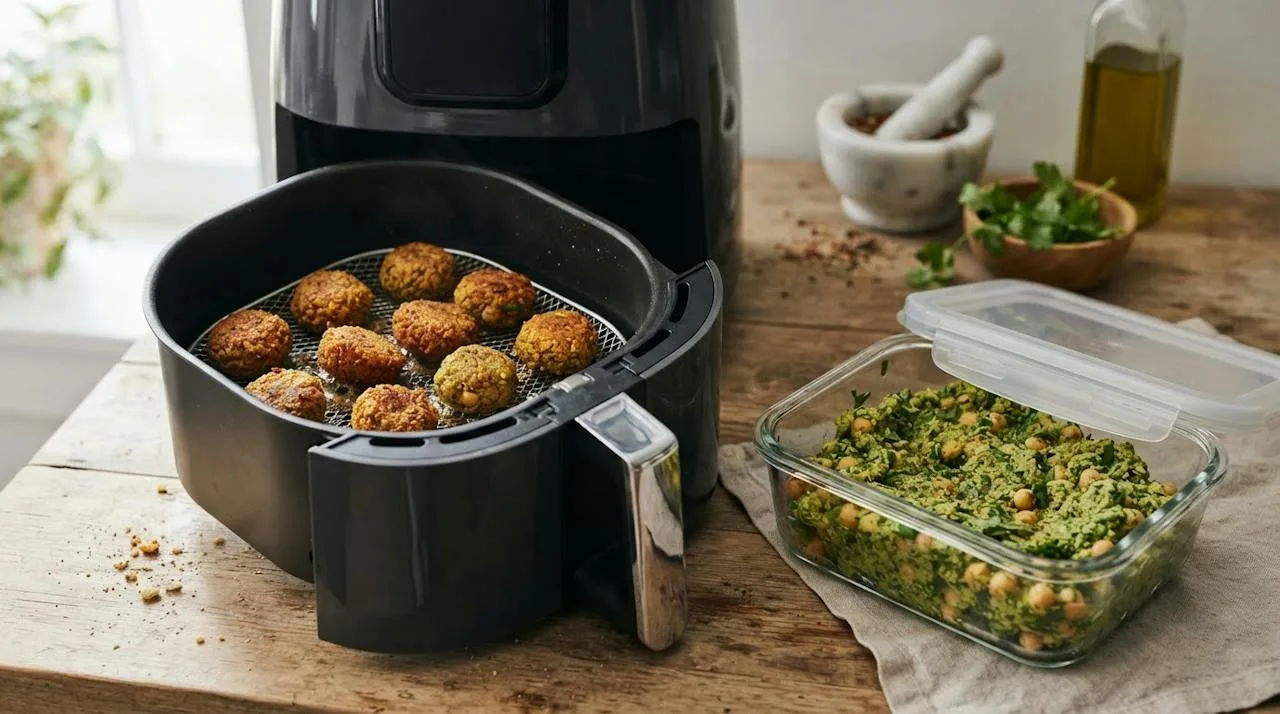 Leftover falafel reheating in an air fryer basket next to a covered container of raw falafel mixture