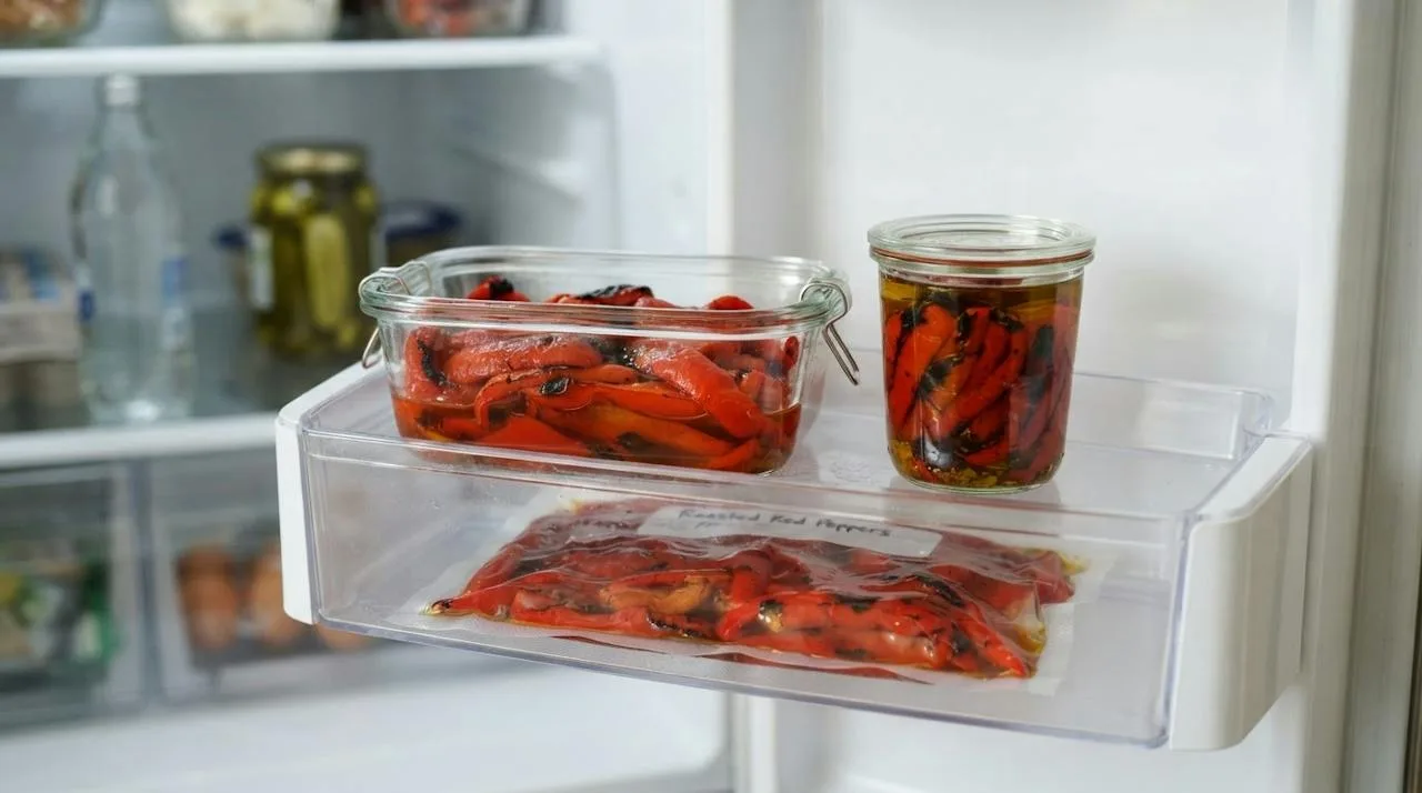 Peeled roasted peppers in an airtight container, a small jar covered in olive oil and a flat freezer bag
