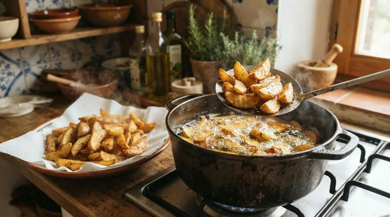 Crispy potato wedges being lifted from a heavy pot of hot olive oil with a slotted spoon
