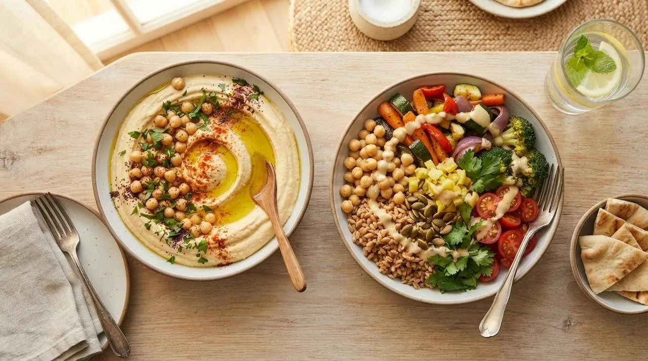 A bowl of smooth hummus with olive oil, paprika and whole chickpeas next to a grain bowl with farro, chickpeas, roasted vegetables and chopped preserved lemon