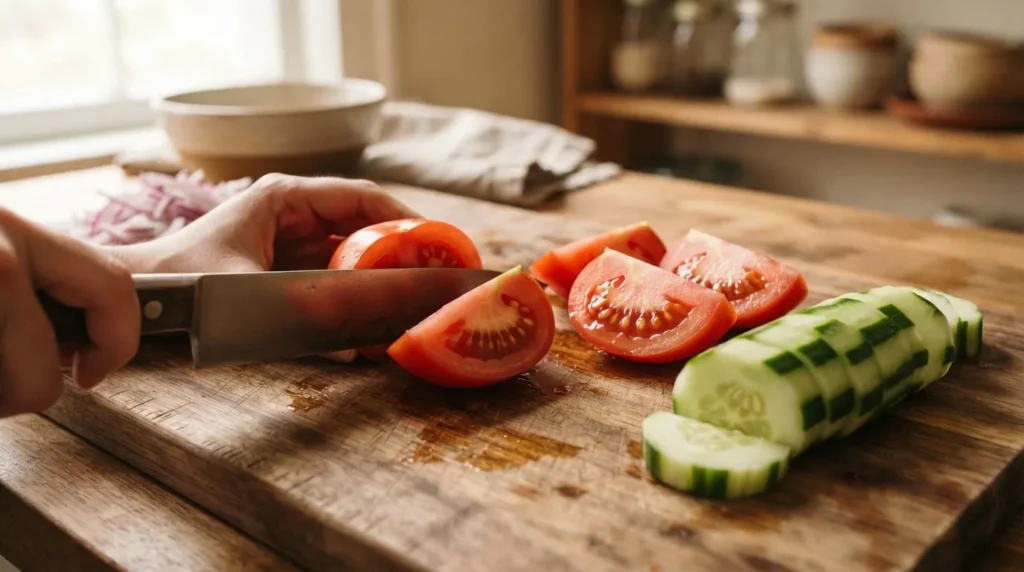 Tomatoes cut into large wedges on a wooden board next to thick cucumber half-moons and sliced red onion