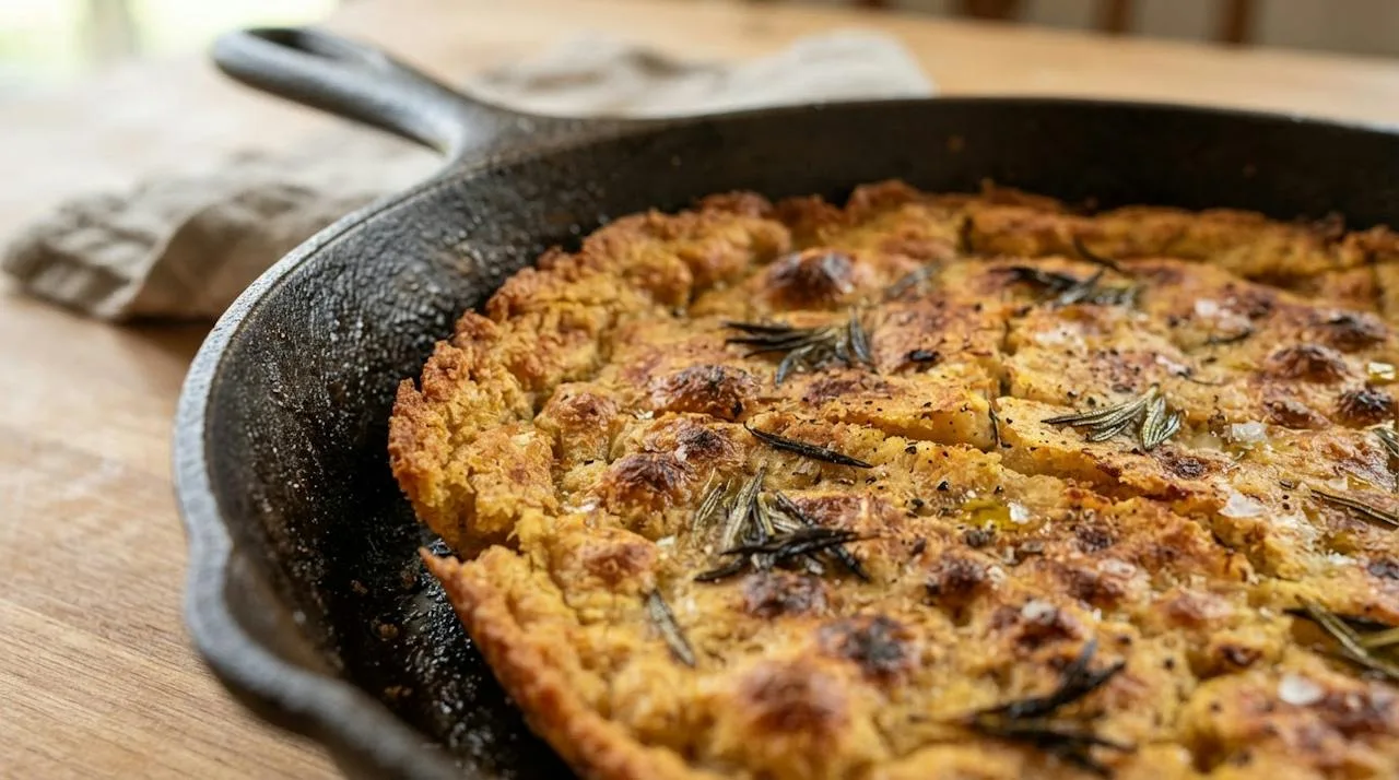 Close-up of farinata with a deeply golden crisp edge, broiler-browned spots and a set center
