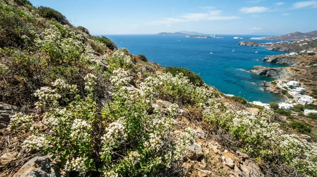 Wild Greek oregano plants with small white flowers on a sunny rocky hillside above the sea