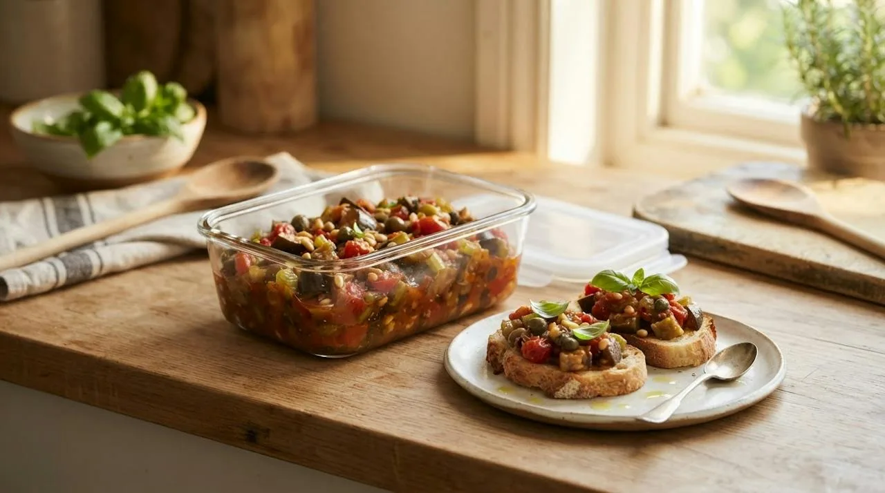 Leftover caponata in a covered glass container next to a slice of toast topped with caponata