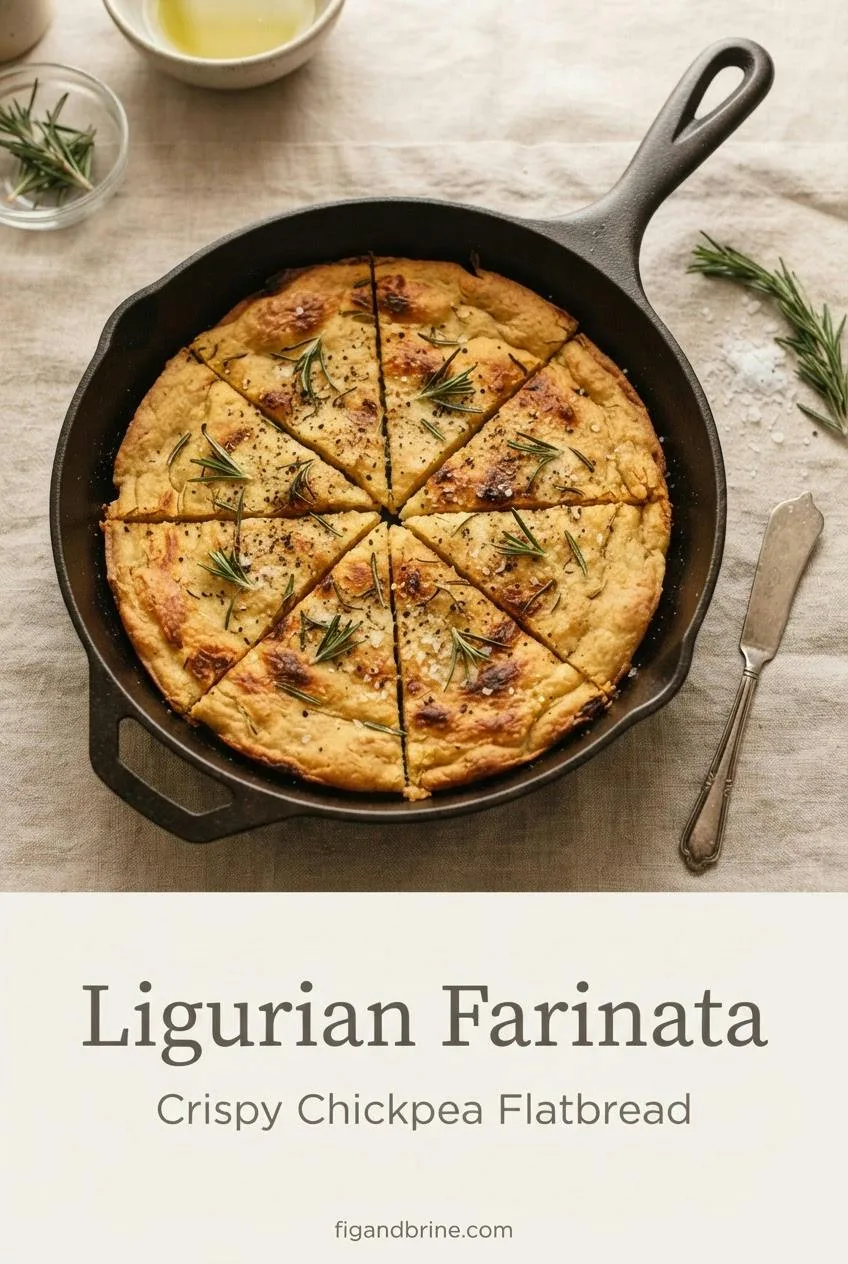 Vertical Pinterest pin showing golden farinata with rosemary in a cast-iron skillet, titled Ligurian Farinata