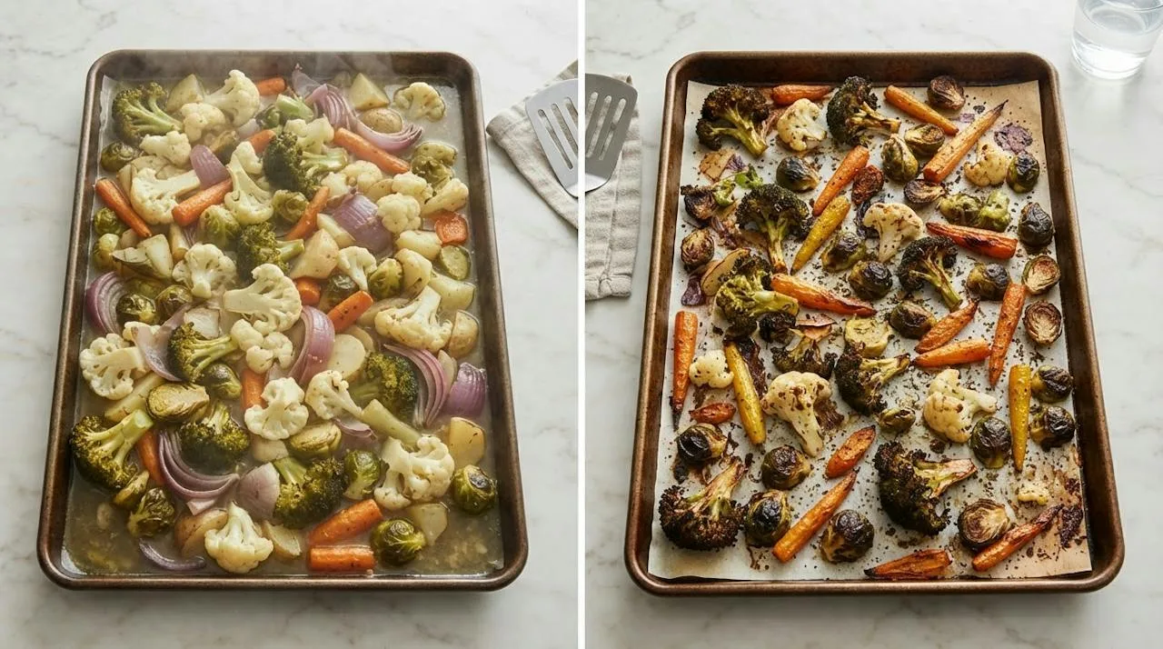 Side-by-side comparison of a crowded pan of pale soggy vegetables and a pan of the same vegetables spread out, deeply browned and crispy
