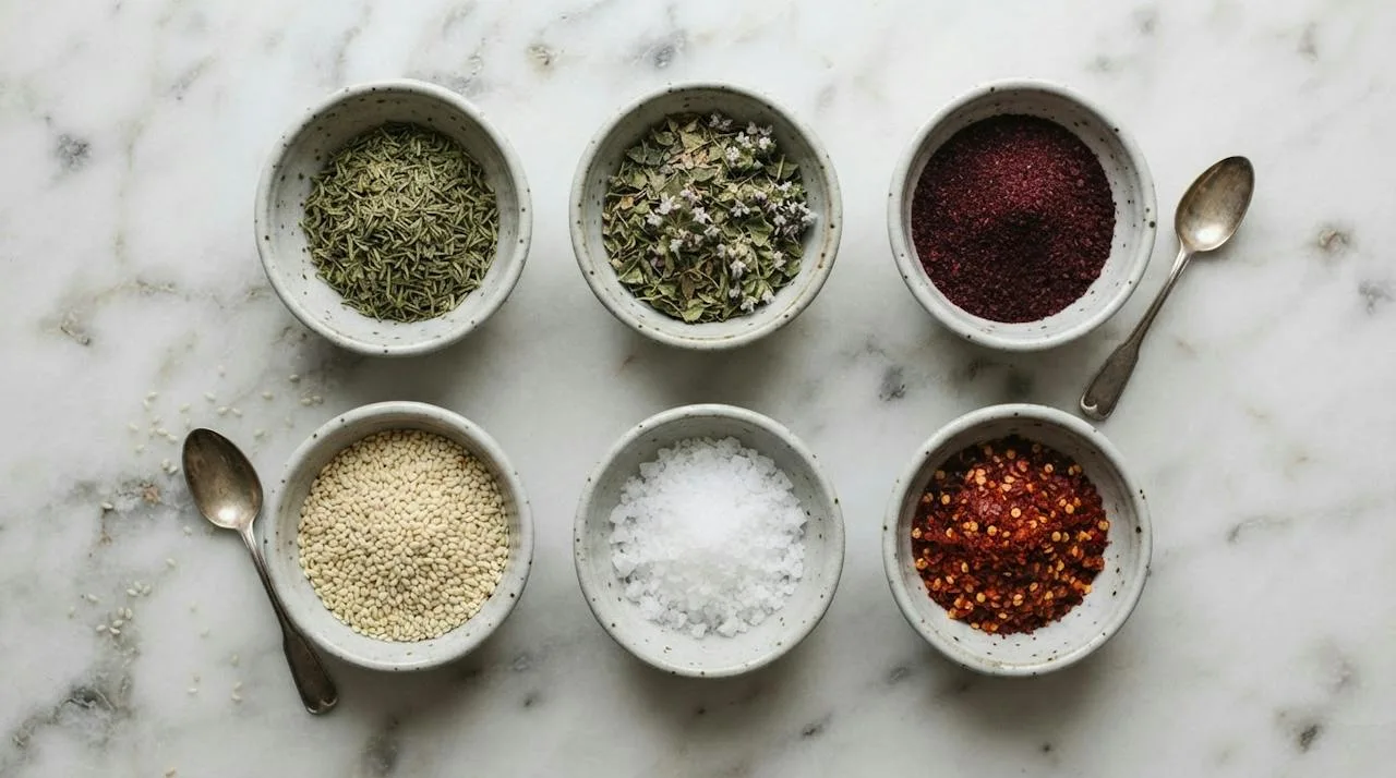 Za'atar ingredients in small ceramic bowls on marble: dried thyme, Greek oregano, sumac, sesame seeds, sea salt and Aleppo pepper