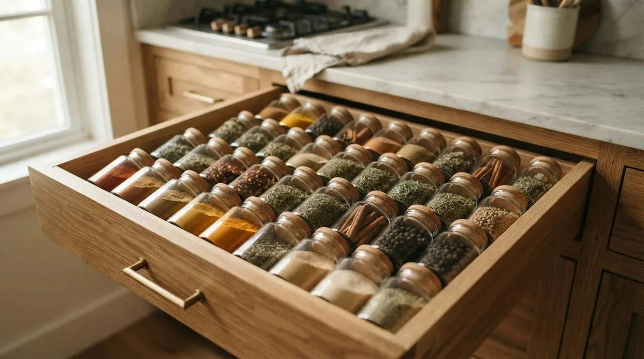 An open kitchen drawer neatly organized with small airtight glass jars of ground spices and dried herbs