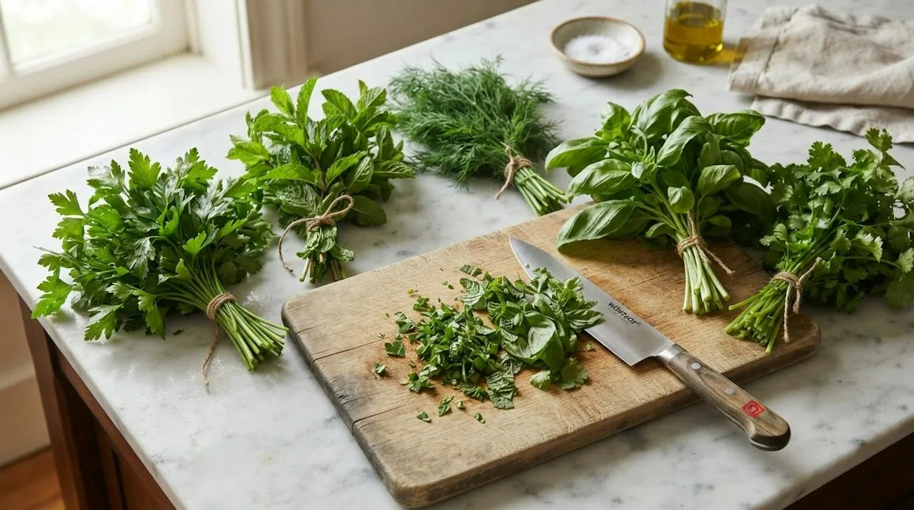 Bunches of flat-leaf parsley, mint, dill, basil and cilantro on a marble counter with some leaves chopped on a cutting board