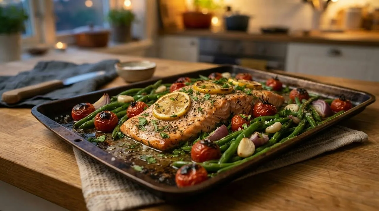 A sheet-pan dinner of roasted salmon with lemon slices, green beans and cherry tomatoes on a dark baking tray